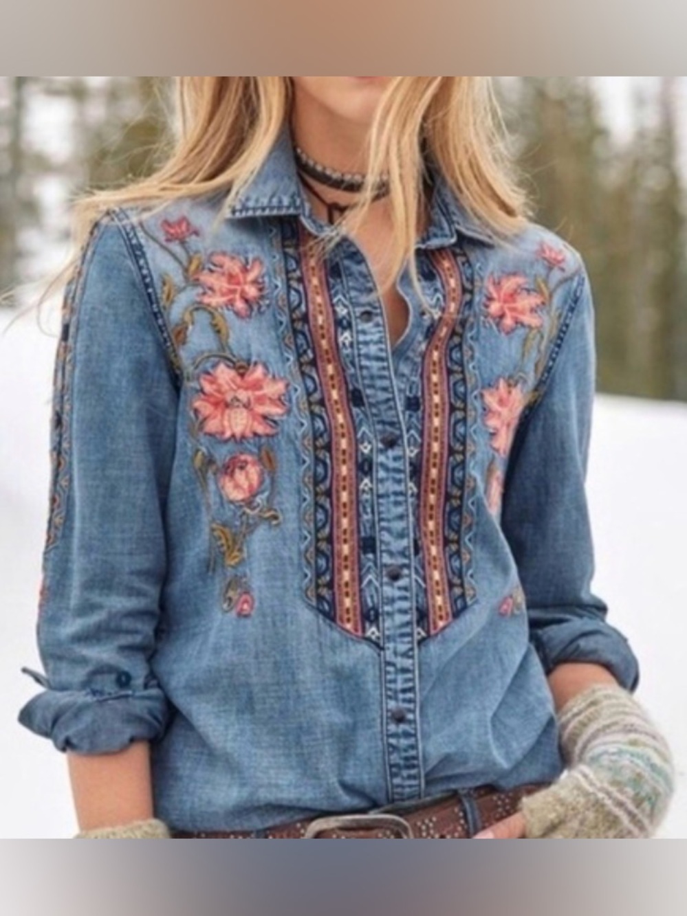 Driftwood Sandy Weekend Wanderer Embroidered Denim Shirt XS Boho Western